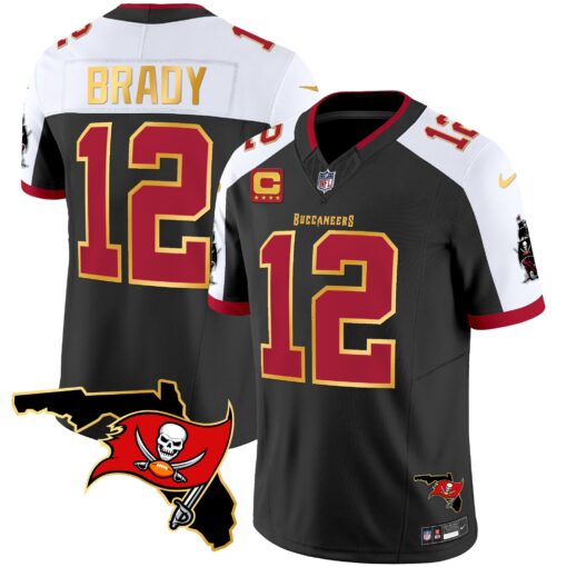 Men's Tampa Bay Buccaneers #12 Tom Brady Black/White F.U.S.E. With 4-star C Ptach And Florida Patch Gold Trim Vapor Stitched Jersey